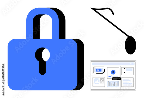 Blue padlock, curved fishing hook, and computer dashboard interface suggesting cybersecurity risks. Ideal for phishing awareness, online fraud, data protection, malware, cybercrime, privacy spyware