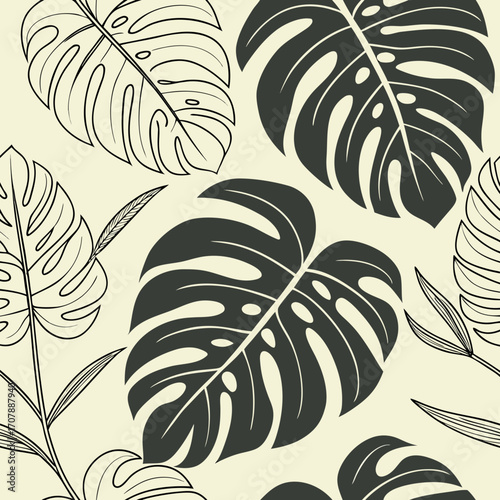 A seamless pattern featuring stylized monstera deliciosa leaves in a dark grey silhouette and delicate line art on a light cream background evoking a tropical botanical aesthetic