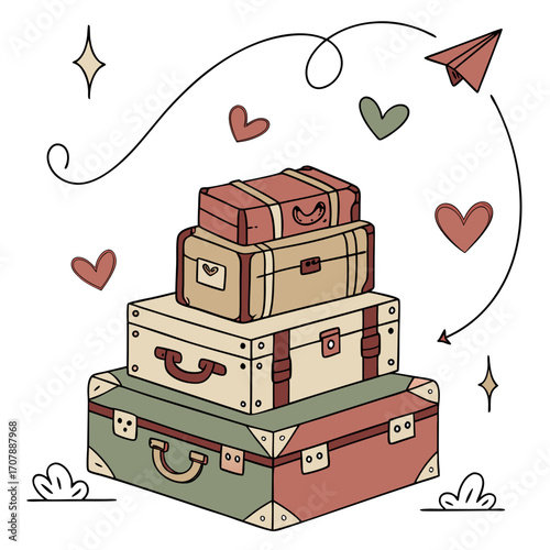 A stack of vintage suitcases in muted colors with a paper airplane and hearts symbolizing travel and adventure