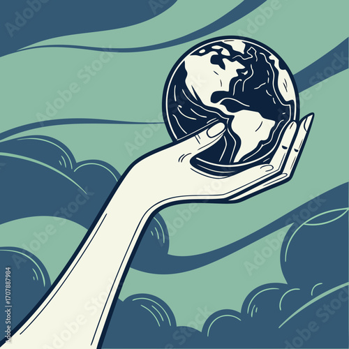 A stylized illustration of a hand gently cradling the planet earth against a backdrop of swirling blue and green abstract shapes representing clouds or waves