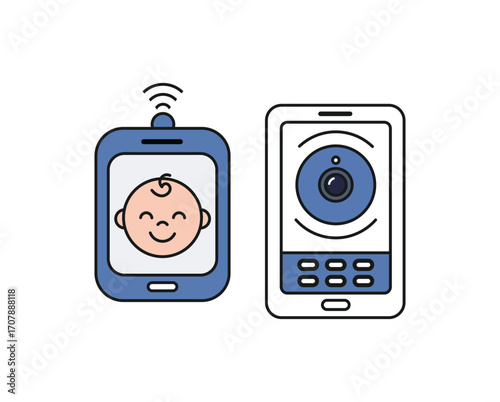 Baby monitor with baby on screen isolated on white background, vector illustration