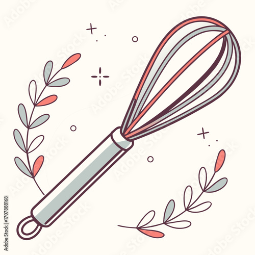 Clean vector illustration of a stainless steel kitchen whisk with a colored handle