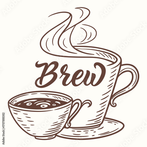 Artistic sketch of two steaming cups of coffee with the word brew written in elegant script above them in a hand drawn style