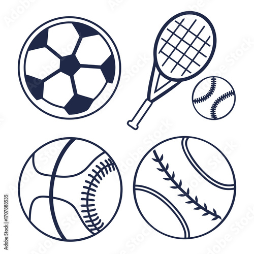 Collection of popular sports balls and equipment including soccer ball basketball baseball tennis racket and baseball