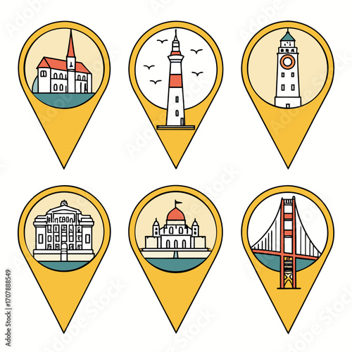 Collection of six distinct travel destination map pin icons featuring iconic landmarks like a church lighthouse clock tower a grand building a domed structure and the golden gate bridge