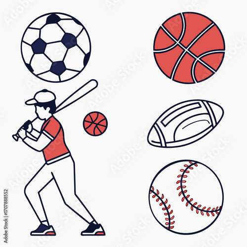 Collection of sports balls including soccer basketball football and baseball alongside a baseball player illustration in a clean graphic style