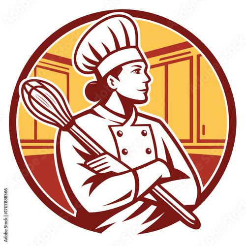 Confident female chef in uniform holding whisk with arms crossed in a kitchen setting emblematic design