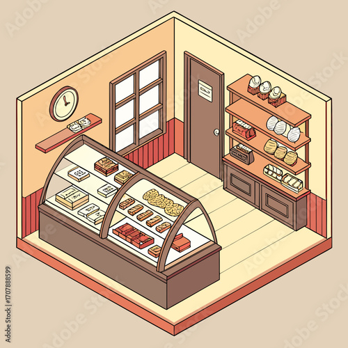 Cozy isometric bakery interior displaying delicious pastries and baked goods in a showcase and on shelves