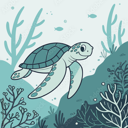 Cute cartoon sea turtle swimming gracefully through a vibrant underwater coral reef with small fish and bubbles