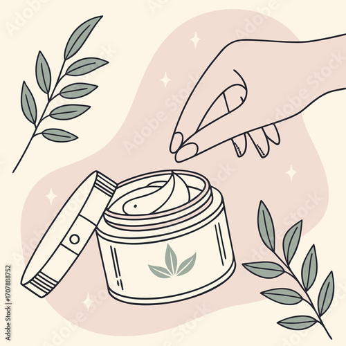 Glass cosmetic jar with natural ingredients illustration