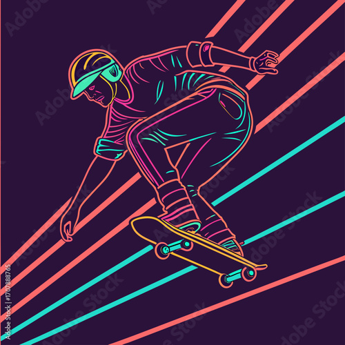 Dynamic neon outline illustration of a skateboarder performing a trick with vibrant lines on a dark purple background in a retro style