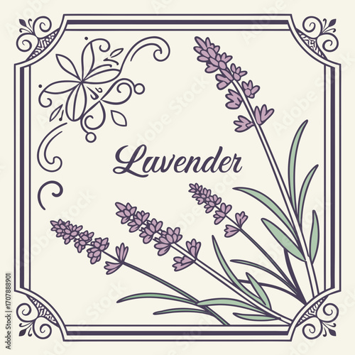 Elegant vintage illustration of lavender flowers with decorative border and the word lavender written in script font on a cream background
