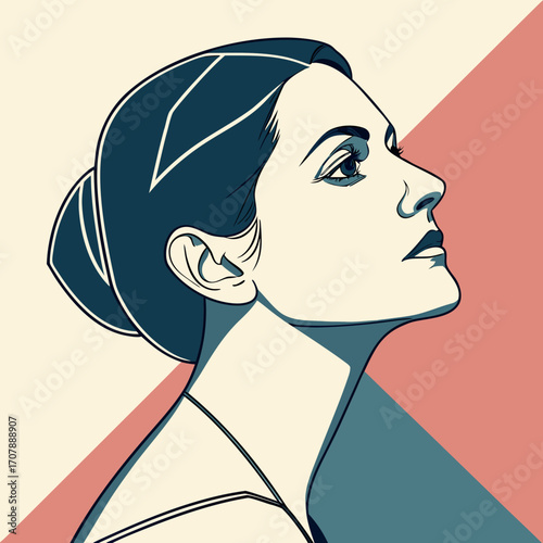 Elegant woman s profile with dark hair pulled back in a bun looking upwards with a thoughtful expression set against a geometric background of cream and coral