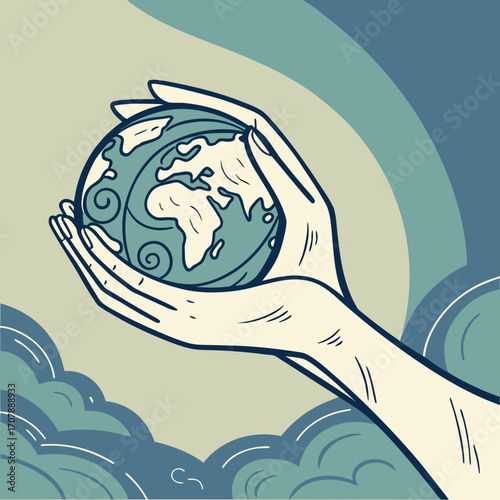 Gentle hands cradle the planet earth with swirling ocean currents and continents depicted against a backdrop of stylized clouds and a subtle rainbow arc