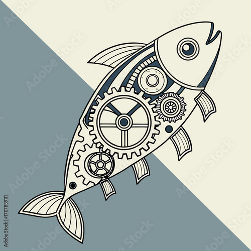 Intricate mechanical fish illustration with visible gears and clockwork mechanisms in a stylized steampunk design on a split background