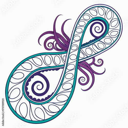 Intricate paisley inspired infinity symbol design with swirling purple tendrils and teal decorative elements on a white background