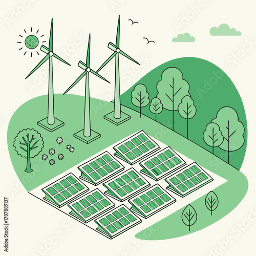 Illustration of a sustainable energy farm featuring solar panels and wind turbines in a green landscape under a sunny sky with birds and clouds