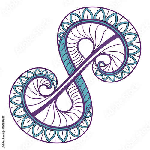 Intricate ornamental infinity symbol design with swirling patterns and floral motifs in purple and teal colors on a white background