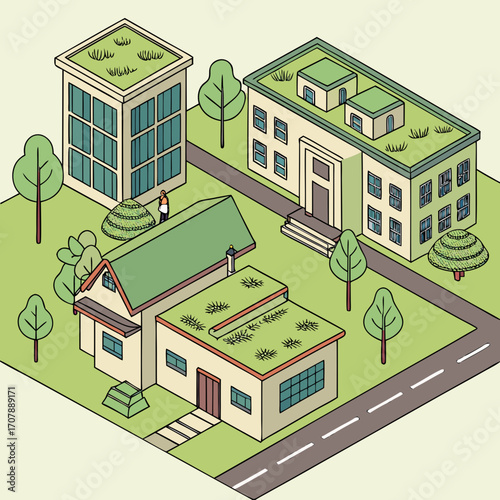 Isometric illustration of a suburban neighborhood featuring buildings with green roofs and trees symbolizing eco friendly urban development and sustainable living concepts