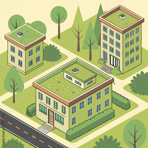 Isometric illustration of a charming neighborhood with a variety of buildings featuring green roofs and lush trees surrounding them
