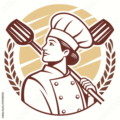 Professional female chef with spatulas and laurel wreath emblem symbolizing culinary excellence and expertise in a restaurant setting