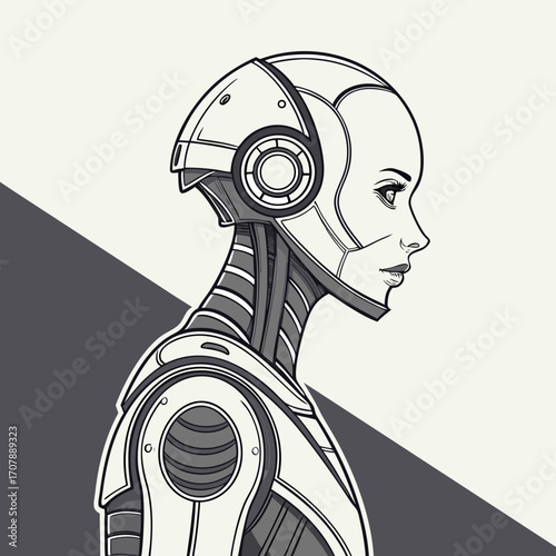 Profile portrait of a futuristic female android with a sleek metallic head and intricate mechanical neck and shoulder details against a split background