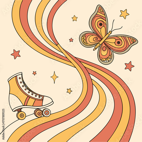 Retro 1970s groovy aesthetic illustration featuring a vintage roller skate and a stylized butterfly surrounded by wavy lines and stars