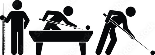 Silhouette billiards players – vector icons of stick figures playing pool with cue sticks and pool table elements