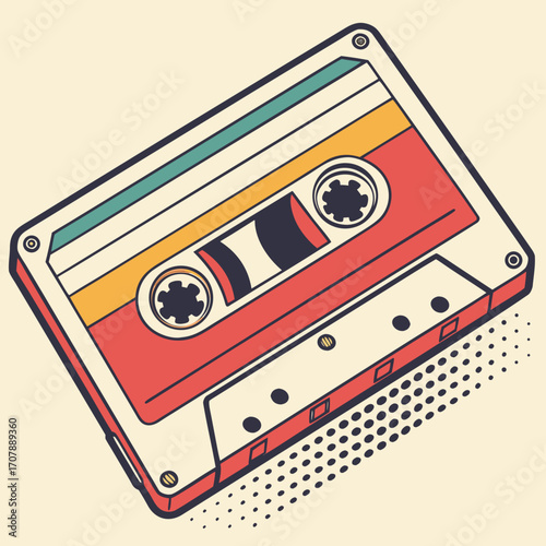 Retro cassette tape with colorful stripes and a vintage pop art halftone dot shadow on a cream background representing nostalgia and music