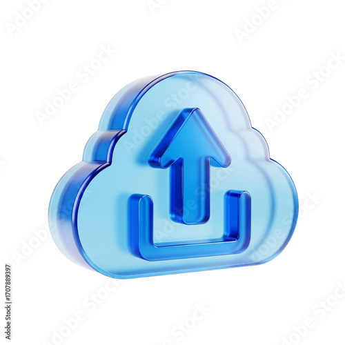 Blue glass cloud with upload arrow 3D render, data transfer icon, file storage symbol.