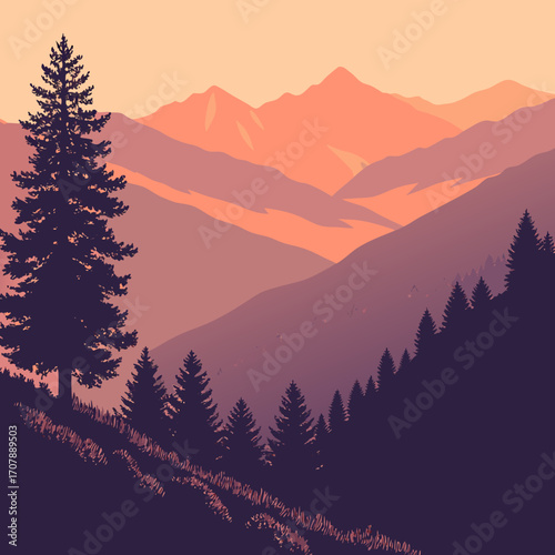 Serene mountain landscape with silhouetted pine trees and rolling hills under a warm gradient sky at dusk