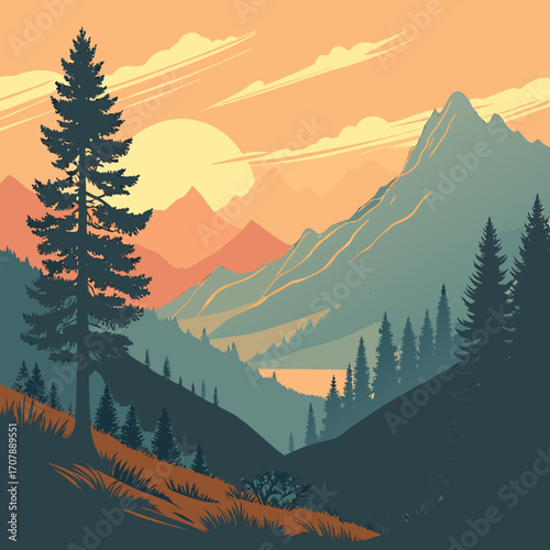 Serene mountain landscape at sunset with a silhouette of a tall pine tree in the foreground and rolling hills and a lake in the background