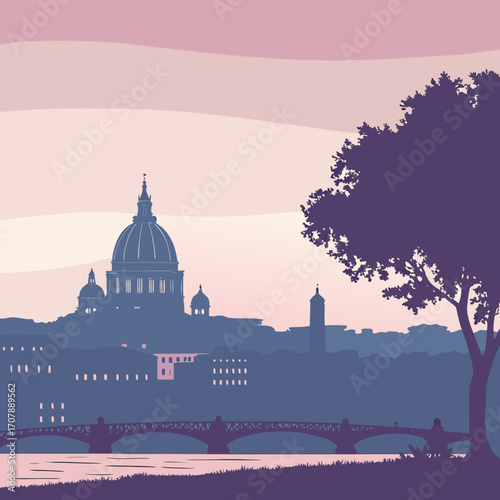 Serene silhouette of rome s iconic st peters basilica dome and cityscape at dusk with a bridge over the tiber river and a large tree in the foreground