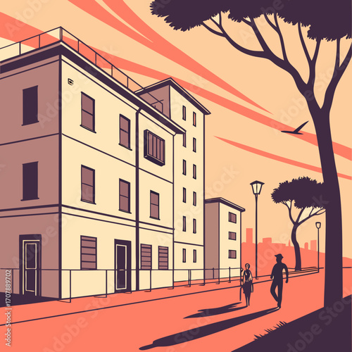 Stylized illustration of a european city street with apartment buildings trees and two people walking during a warm sunset with dramatic sky