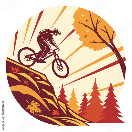 Stylized illustration of a mountain biker descending a steep slope amidst autumn foliage and pine trees with radiating sunbeams in the background