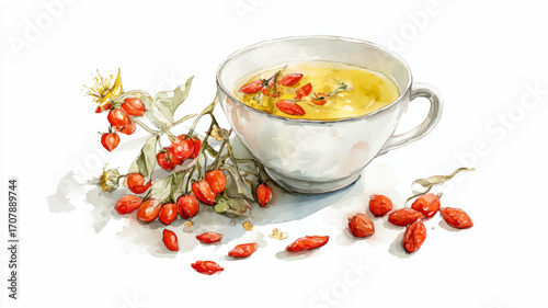 Glass of tea with dried rosehips berries, watercolor vector, isolated on a white background.