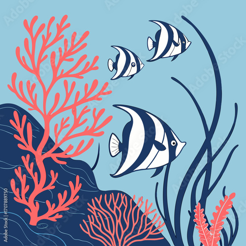 Stylized illustration of three moorish idol fish swimming through vibrant coral reefs and dark blue seaweed in a calm ocean setting
