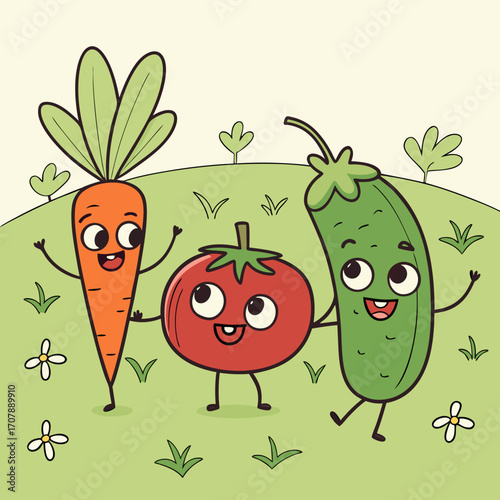 Three happy cartoon vegetables a carrot tomato and cucumber dancing and smiling in a grassy field with flowers and plants
