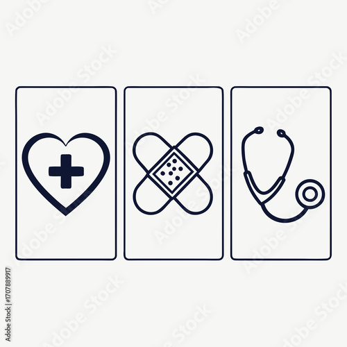 Three simple medical icons presented vertically in separate frames including a heart with a cross a bandage and a stethoscope representing healthcare and wellness concepts
