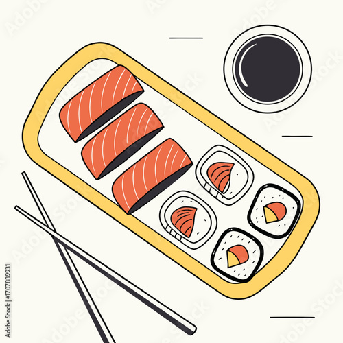 Top view of a delicious and colorful sushi platter featuring salmon nigiri and maki rolls with a side of soy sauce and chopsticks