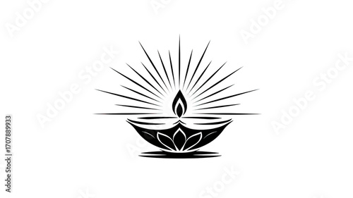 Black and White Line Art of Diwali Oil Lamp with Simple Elegant Outline for Festive Decoration isolated on white background