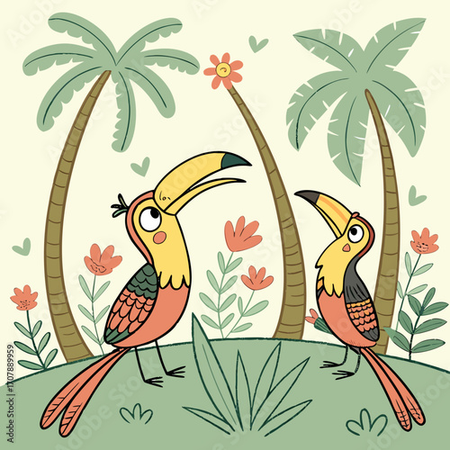 Two charming cartoon toucans stand on a grassy hill amidst palm trees and tropical flowers in a whimsical jungle scene