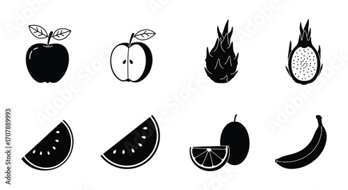 various fruits depicted in black and white illustrations