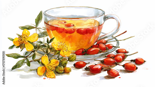 Glass of tea with dried rosehips berries, watercolor vector, isolated on a white background.
