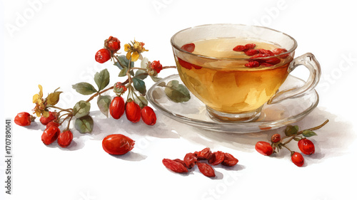 Glass of tea with dried rosehips berries, watercolor vector, isolated on a white background.