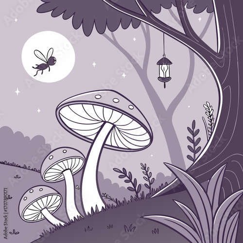 Whimsical forest scene with large mushrooms a glowing moon a flying insect and a hanging lantern creating a magical night atmosphere