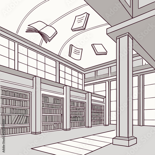 Whimsical illustration of a grand library interior with rows of bookshelves and open books floating magically upwards towards a domed ceiling