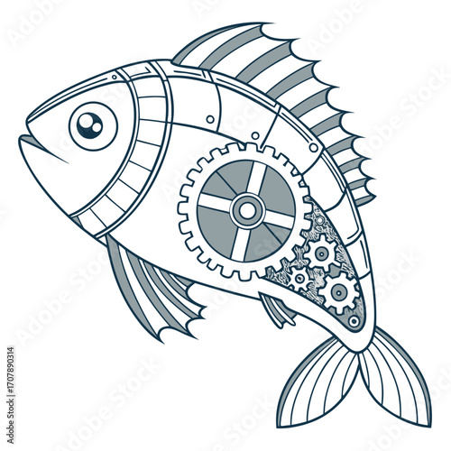 Whimsical steampunk fish illustration with intricate gears and mechanical details in a stylized artistic design