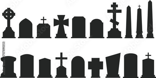 Silhouettes of various tombstones and grave markers vector