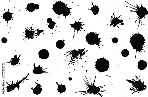 Collection of black ink splatters on a white background